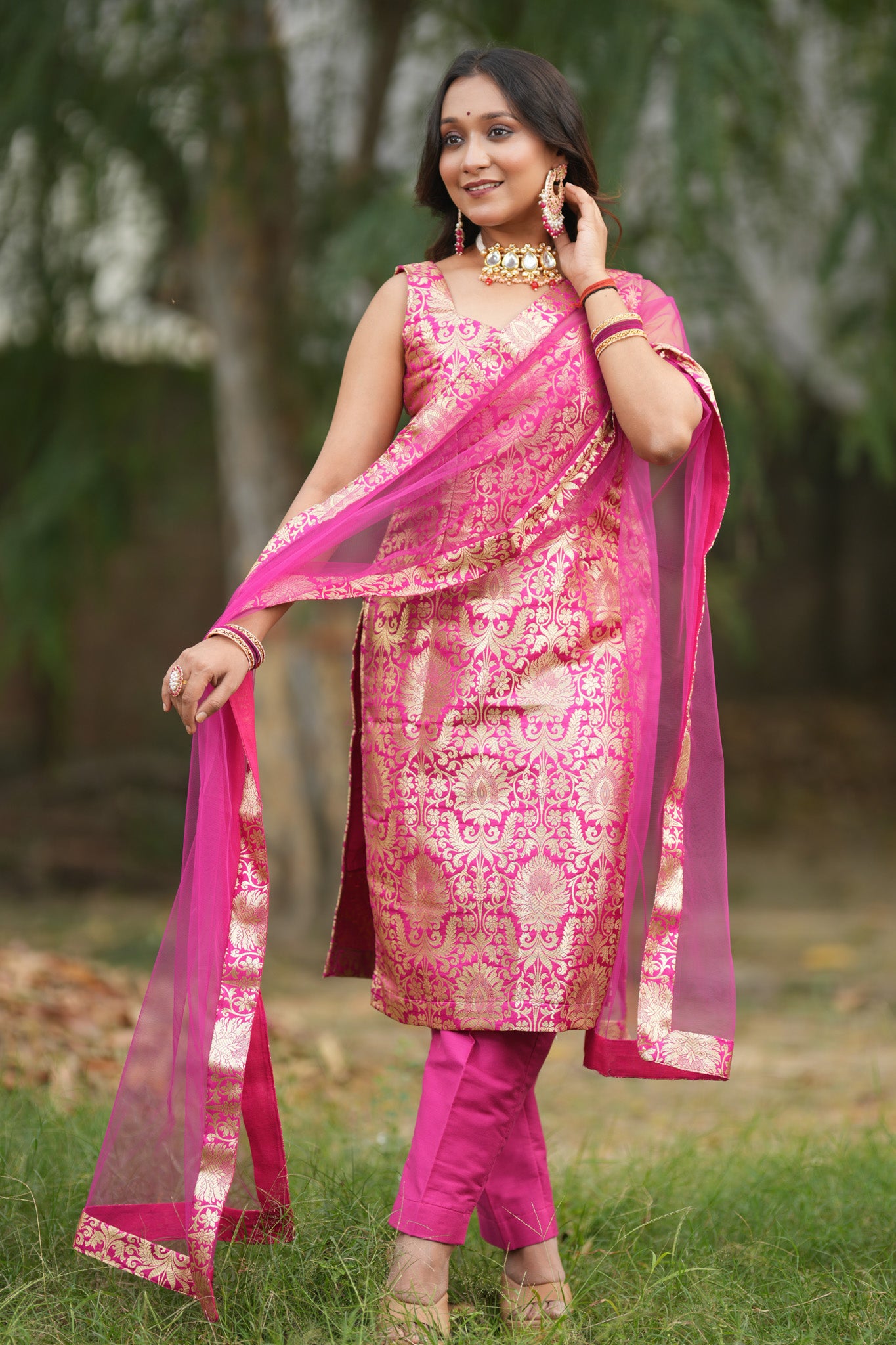 Readymade Banarasi Brocade Salwar Kameez with Net Dupatta- Deep Pink