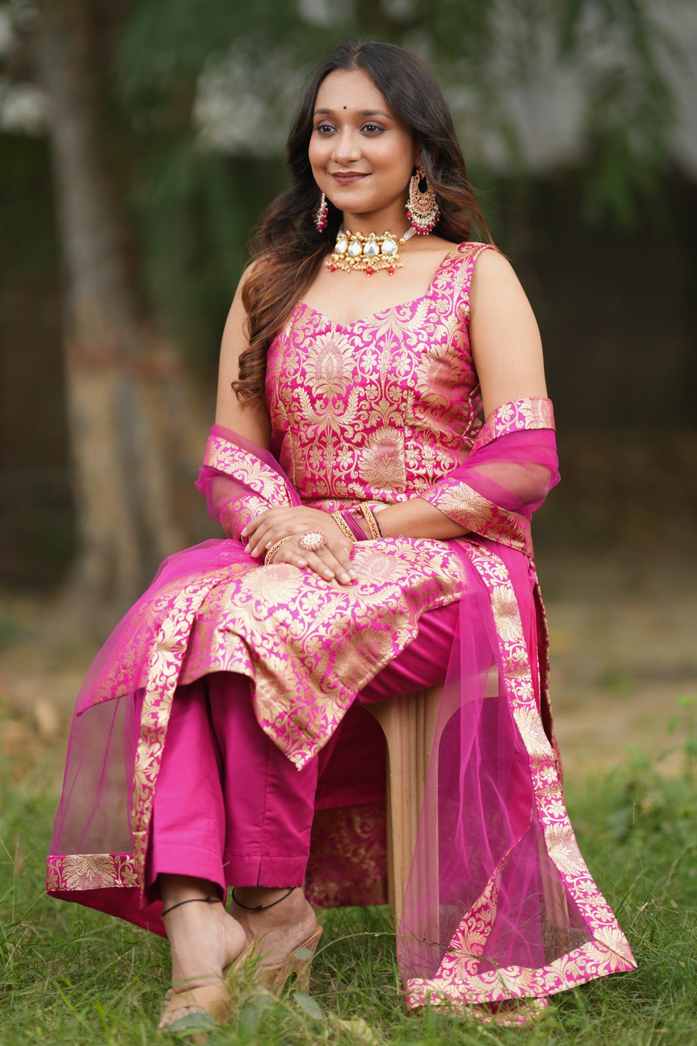 Readymade Banarasi Brocade Salwar Kameez with Net Dupatta- Deep Pink