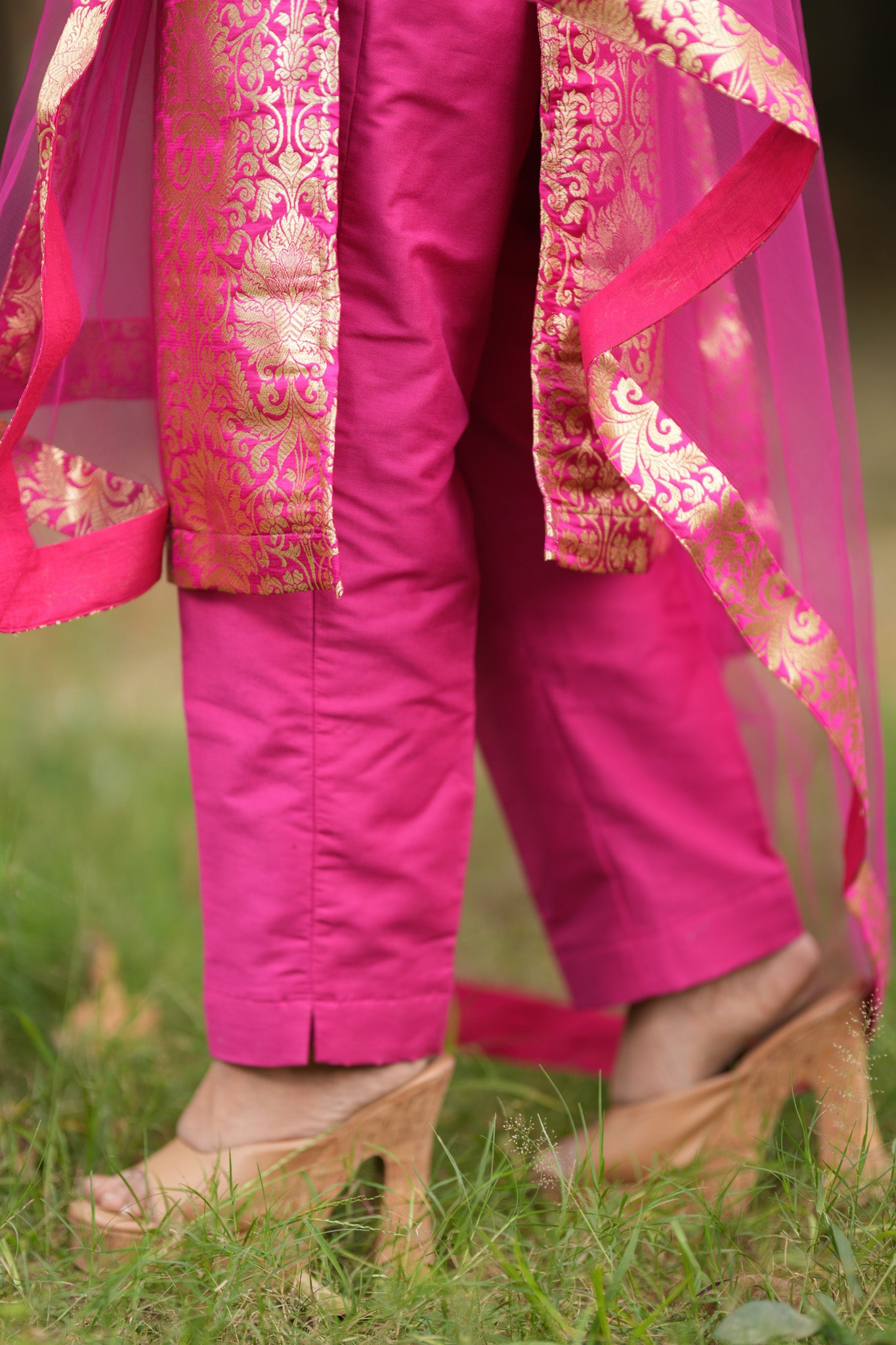 Readymade Banarasi Brocade Salwar Kameez with Net Dupatta- Deep Pink