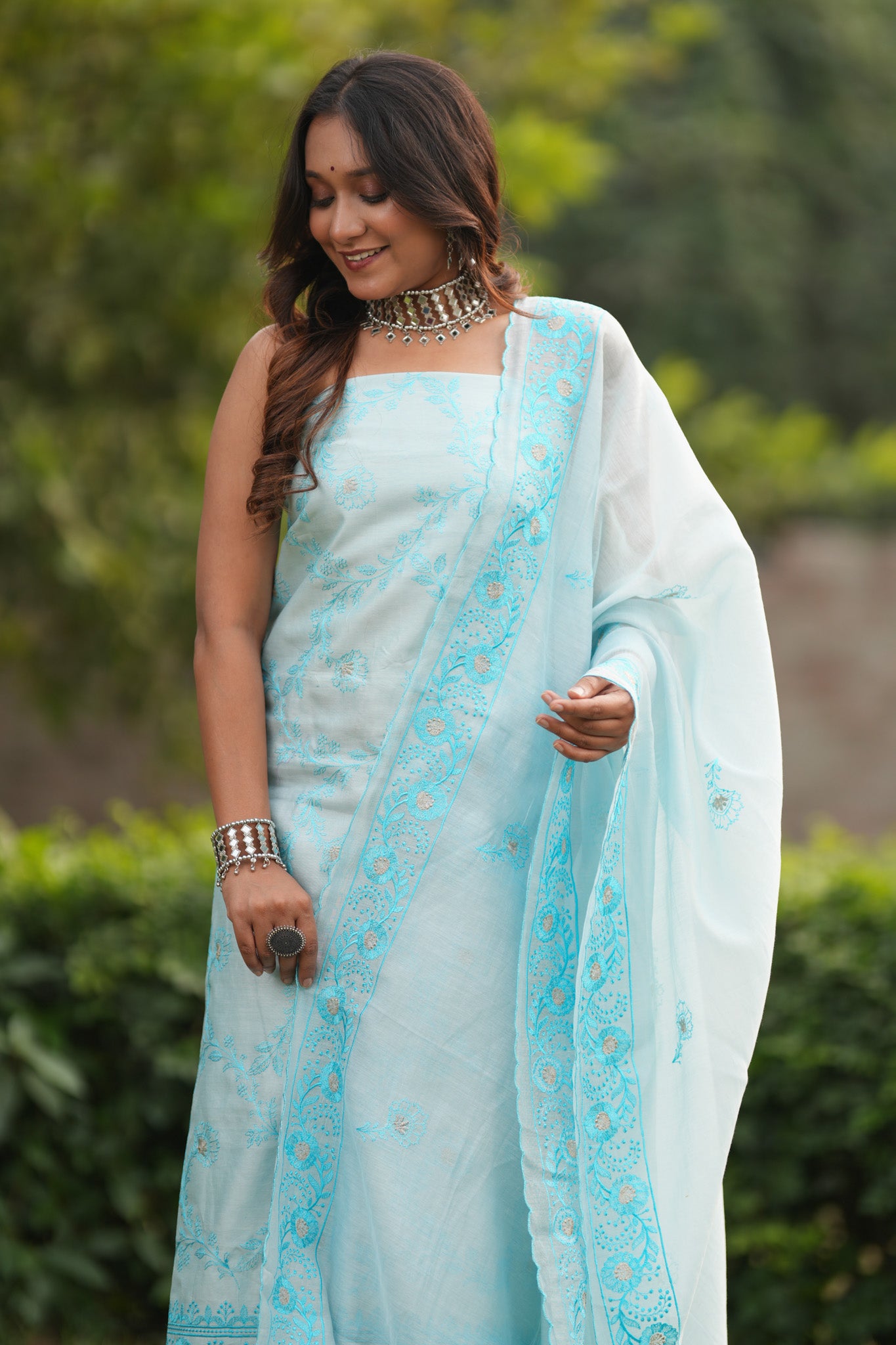 Banarasi Soft Cotton Embroidered Salwar Kameez Fabric With Dupatta- Blue