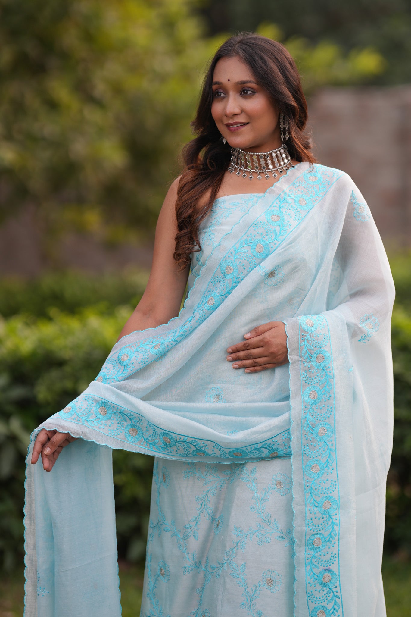 Banarasi Soft Cotton Embroidered Salwar Kameez Fabric With Dupatta- Blue