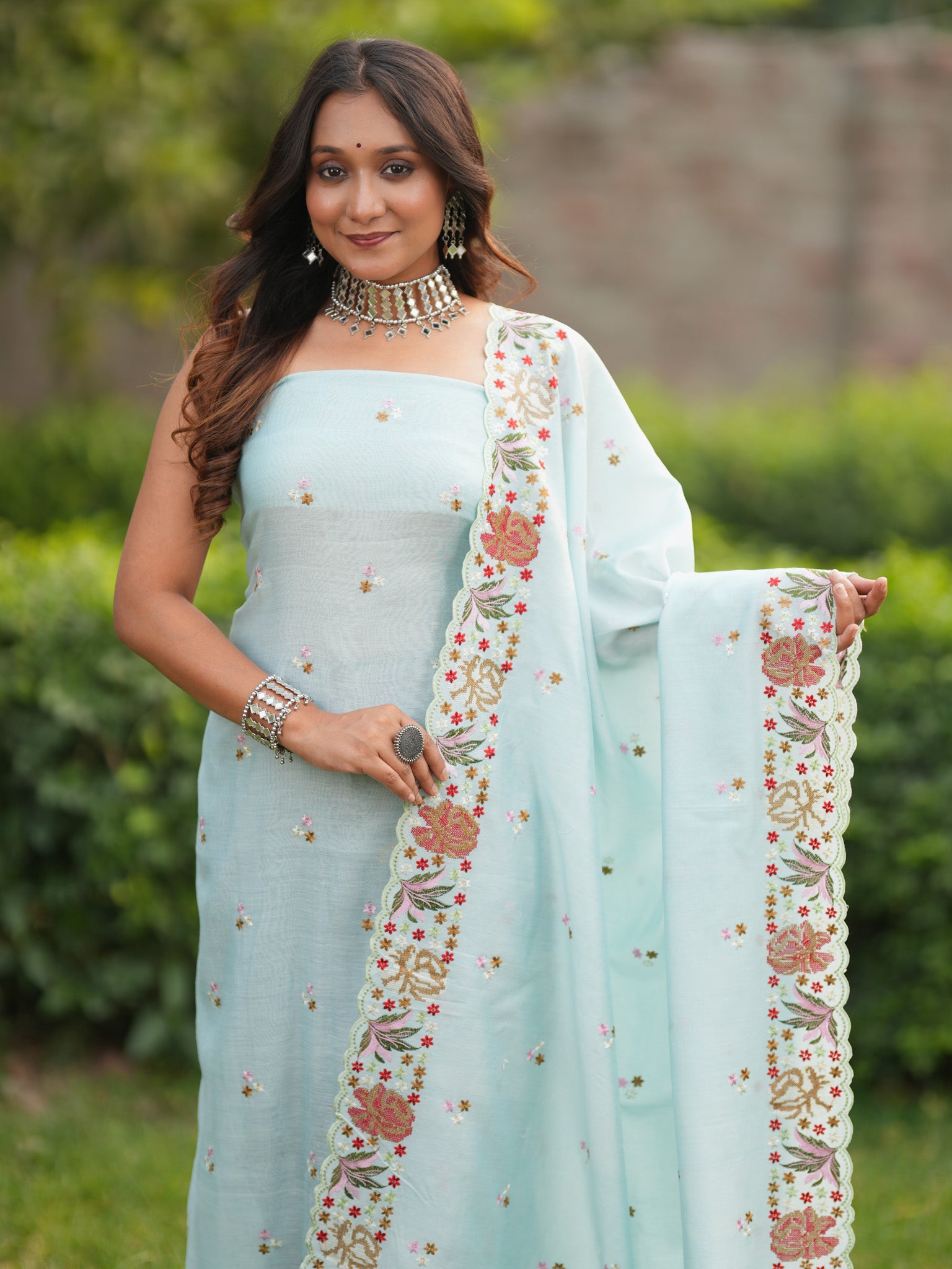 Banarasi Soft Cotton Embroidered Salwar Kameez Fabric With Dupatta- Blue