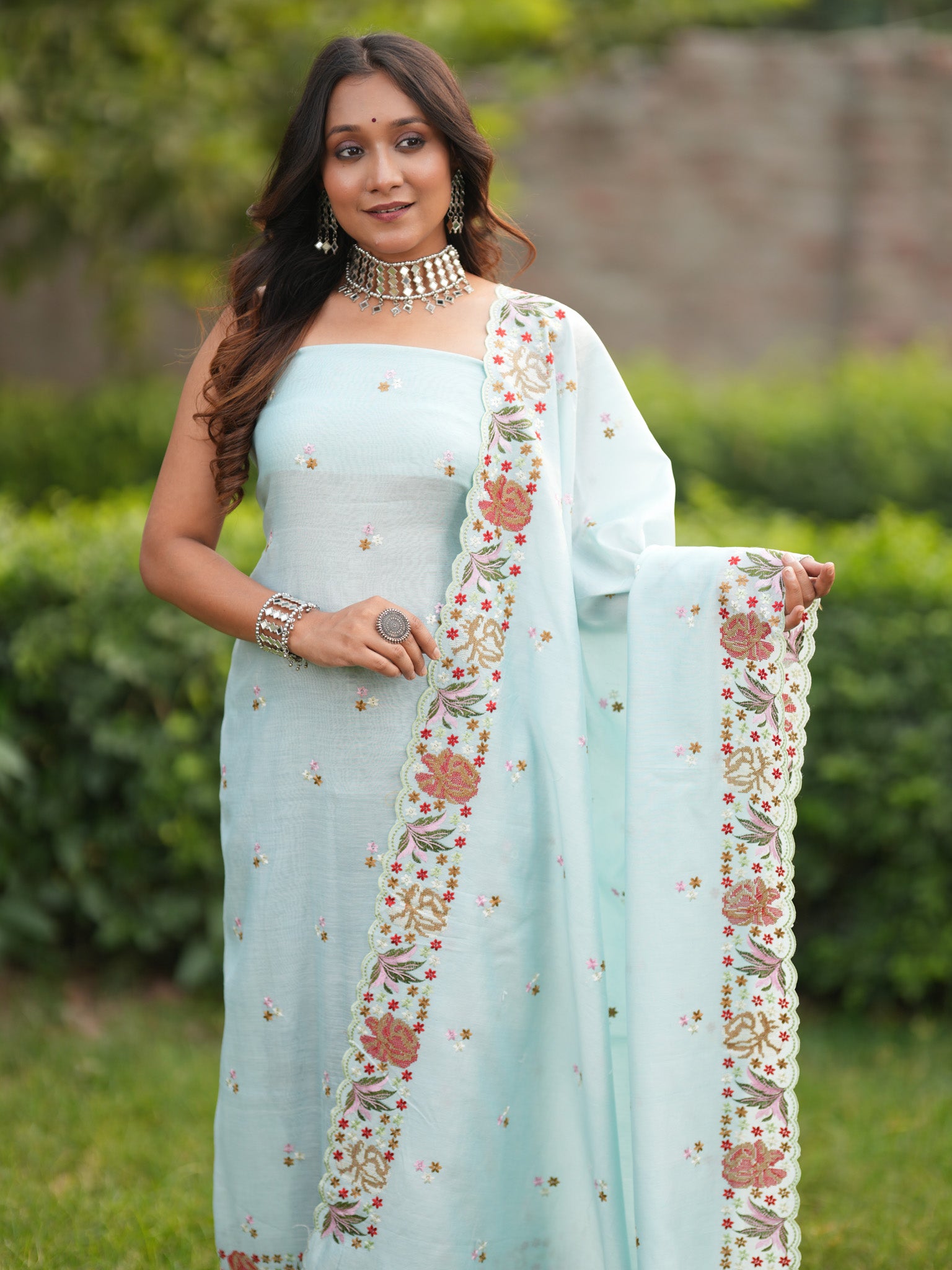 Banarasi Soft Cotton Embroidered Salwar Kameez Fabric With Dupatta- Blue