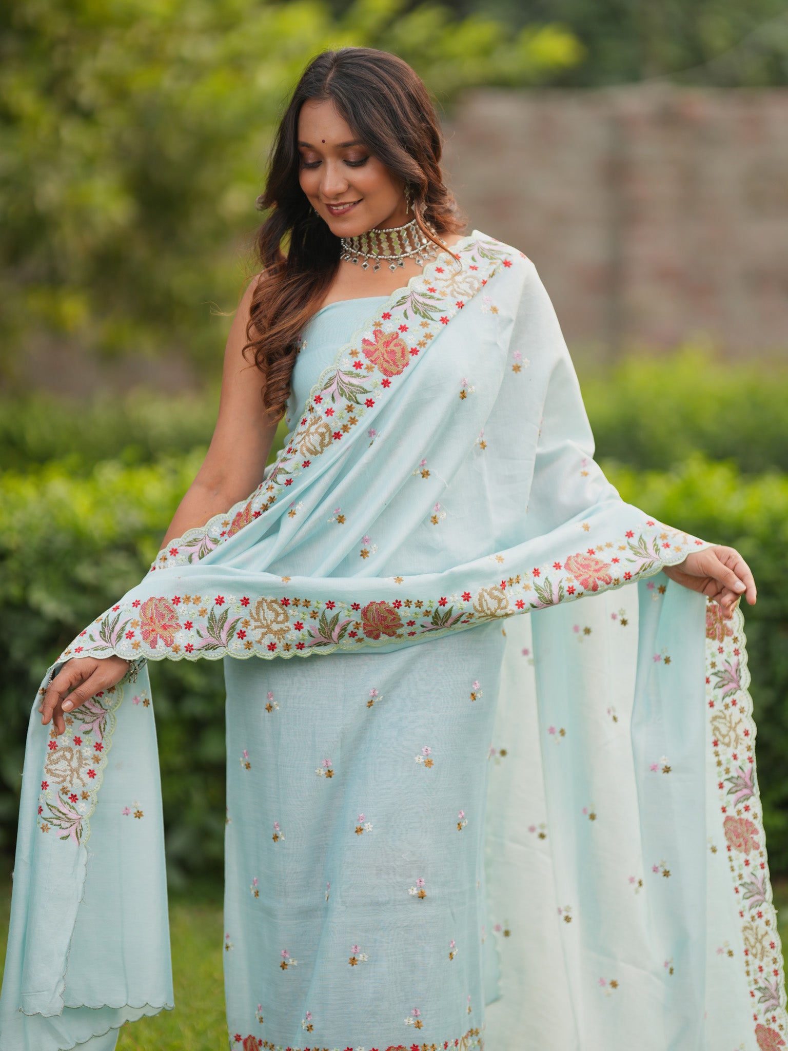 Banarasi Soft Cotton Embroidered Salwar Kameez Fabric With Dupatta- Blue