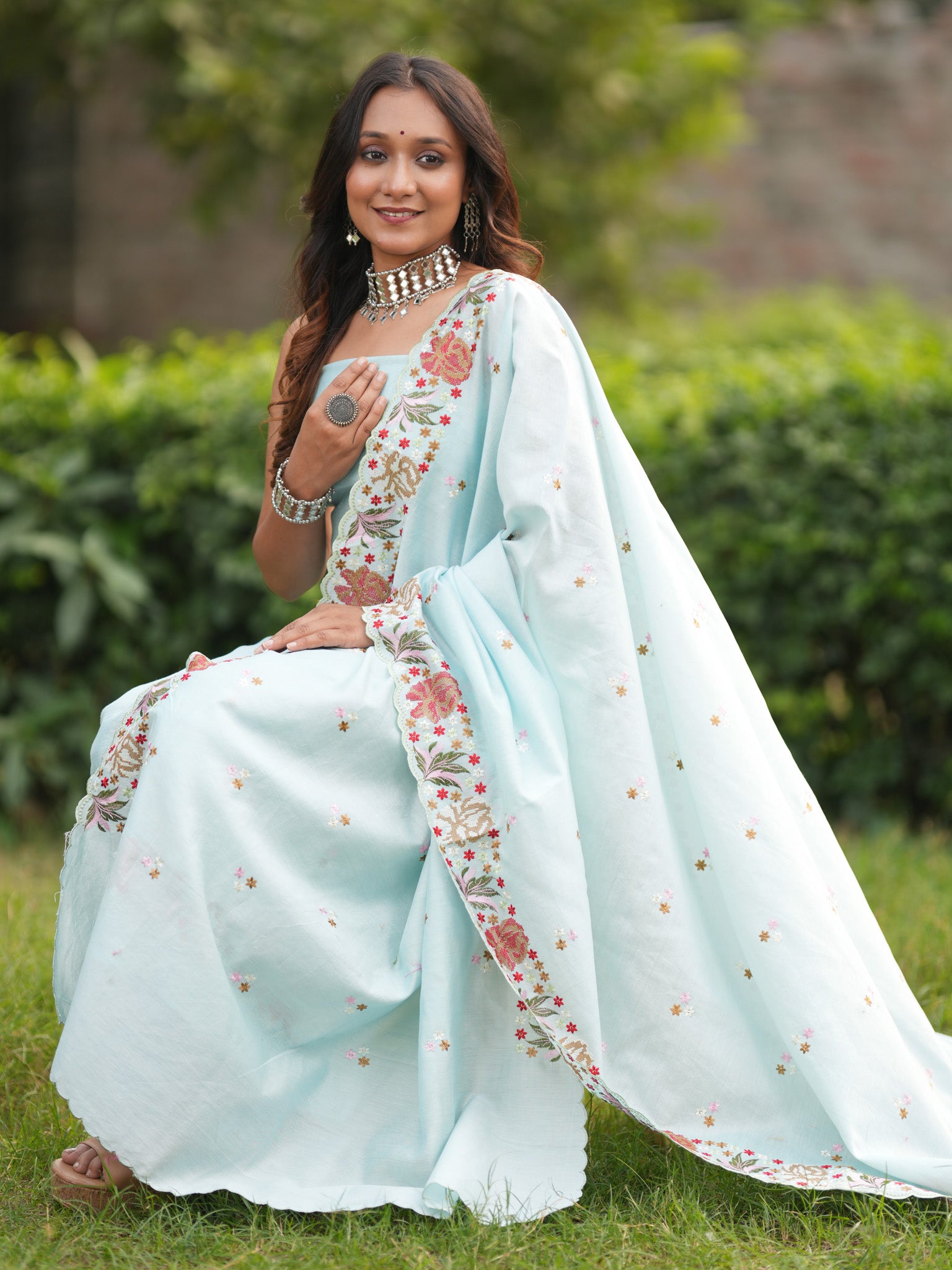 Banarasi Soft Cotton Embroidered Salwar Kameez Fabric With Dupatta- Blue