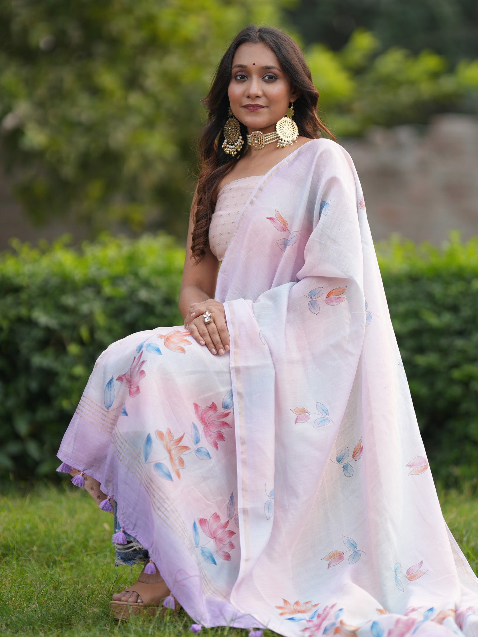 Banarasi Soft Cotton Salwar Kameez Fabric With Hand Painted Dupatta- Lavender