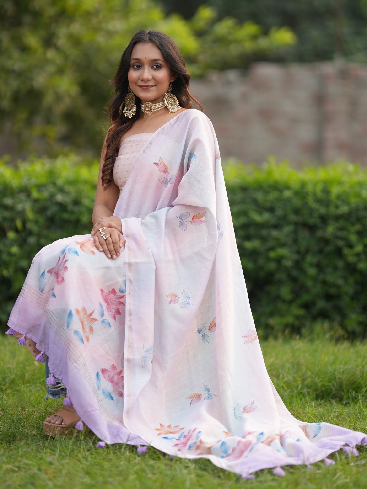 Banarasi Soft Cotton Salwar Kameez Fabric With Hand Painted Dupatta- Lavender