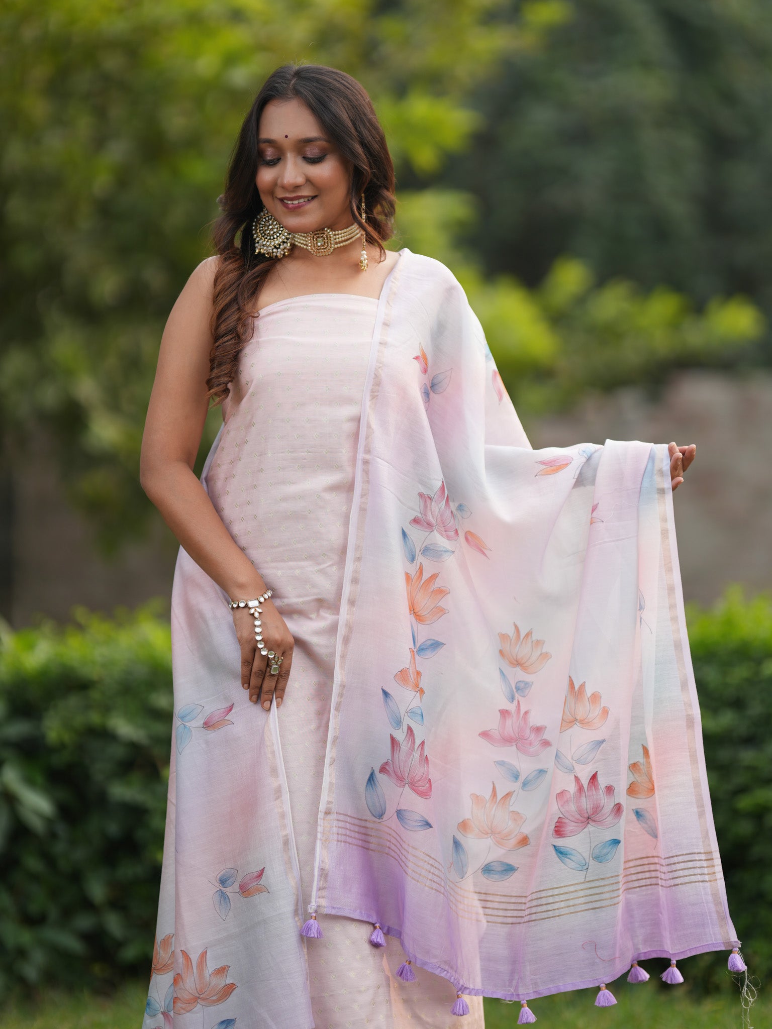 Banarasi Soft Cotton Salwar Kameez Fabric With Hand Painted Dupatta- Lavender