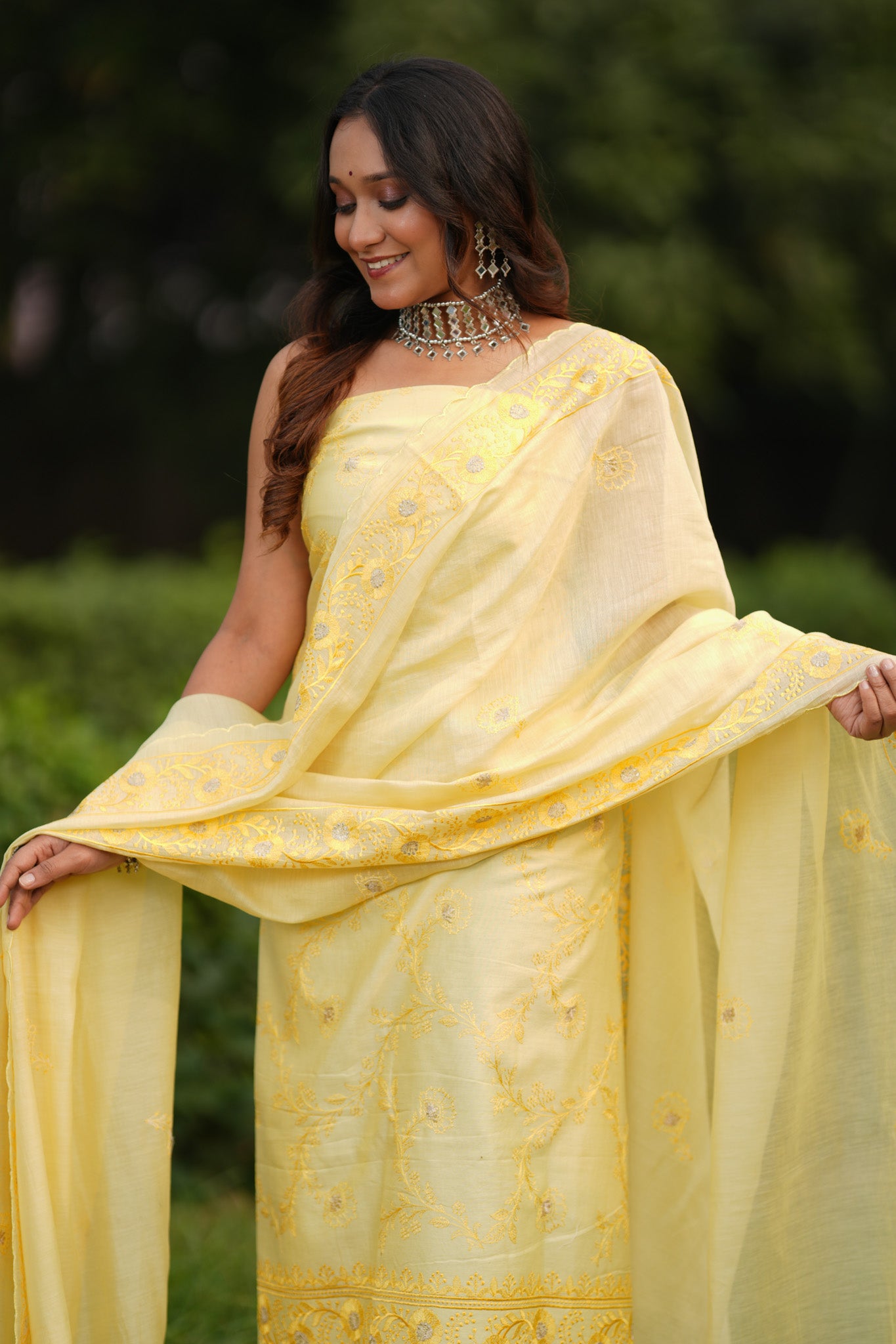 Banarasi Soft Cotton Embroidered Salwar Kameez Fabric With Dupatta- Yellow