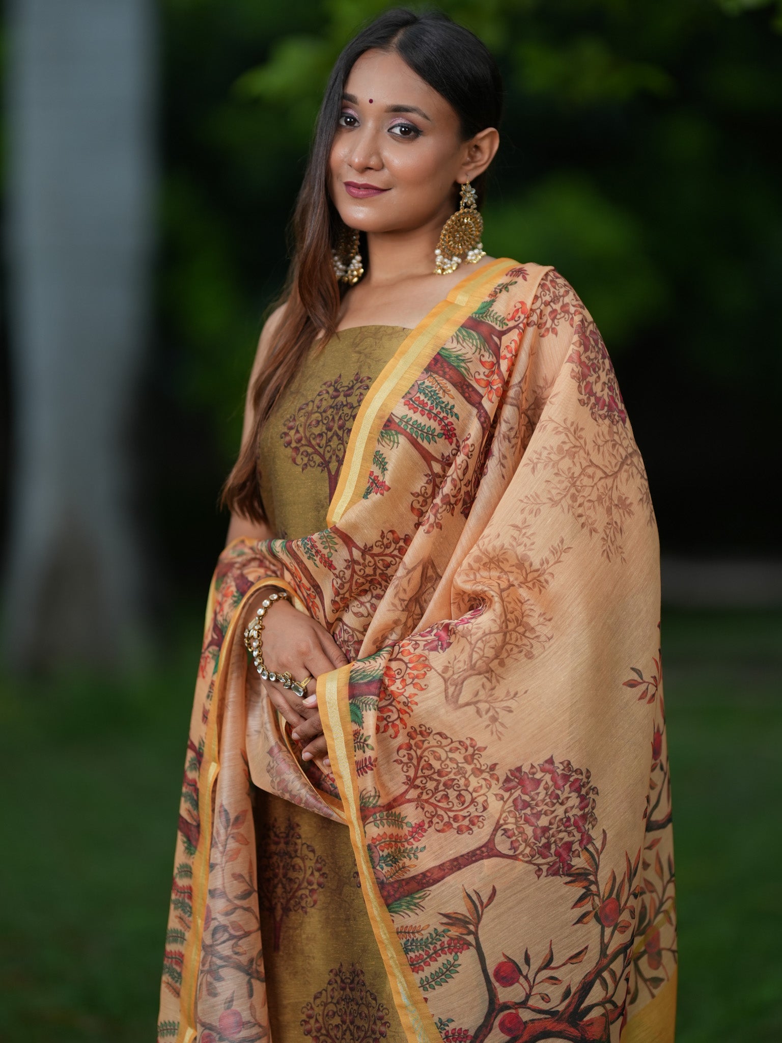 Banarasi Semi Silk Salwar Kameez Fabric With Floral Printed Dupatta-Green