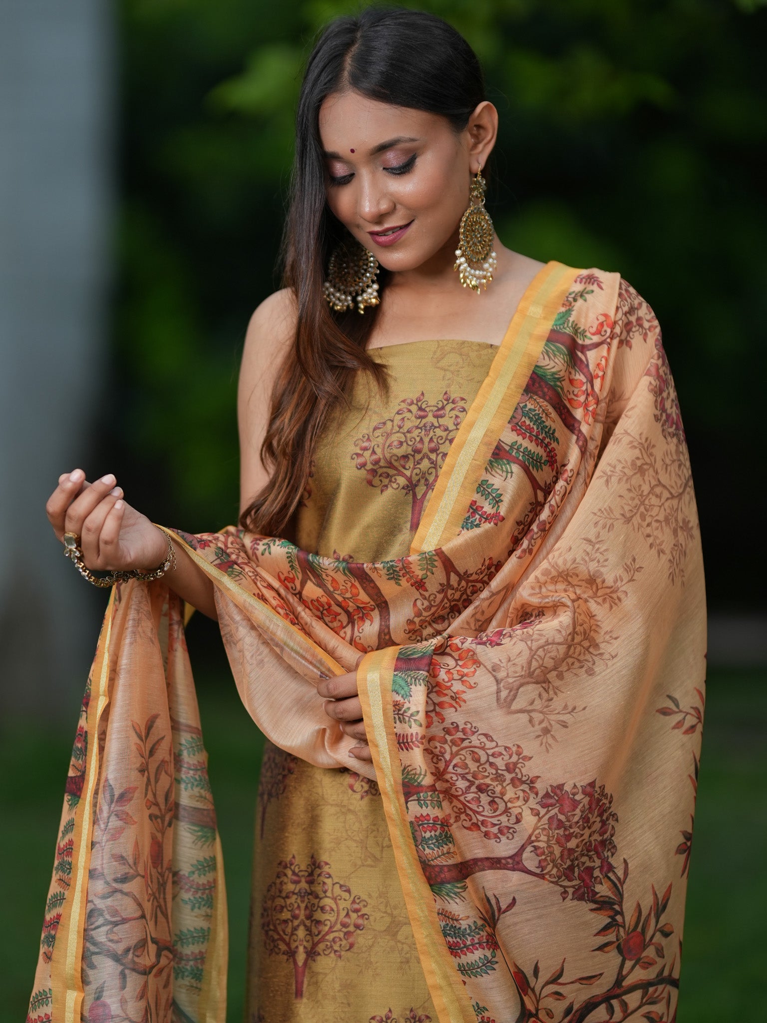 Banarasi Semi Silk Salwar Kameez Fabric With Floral Printed Dupatta-Green