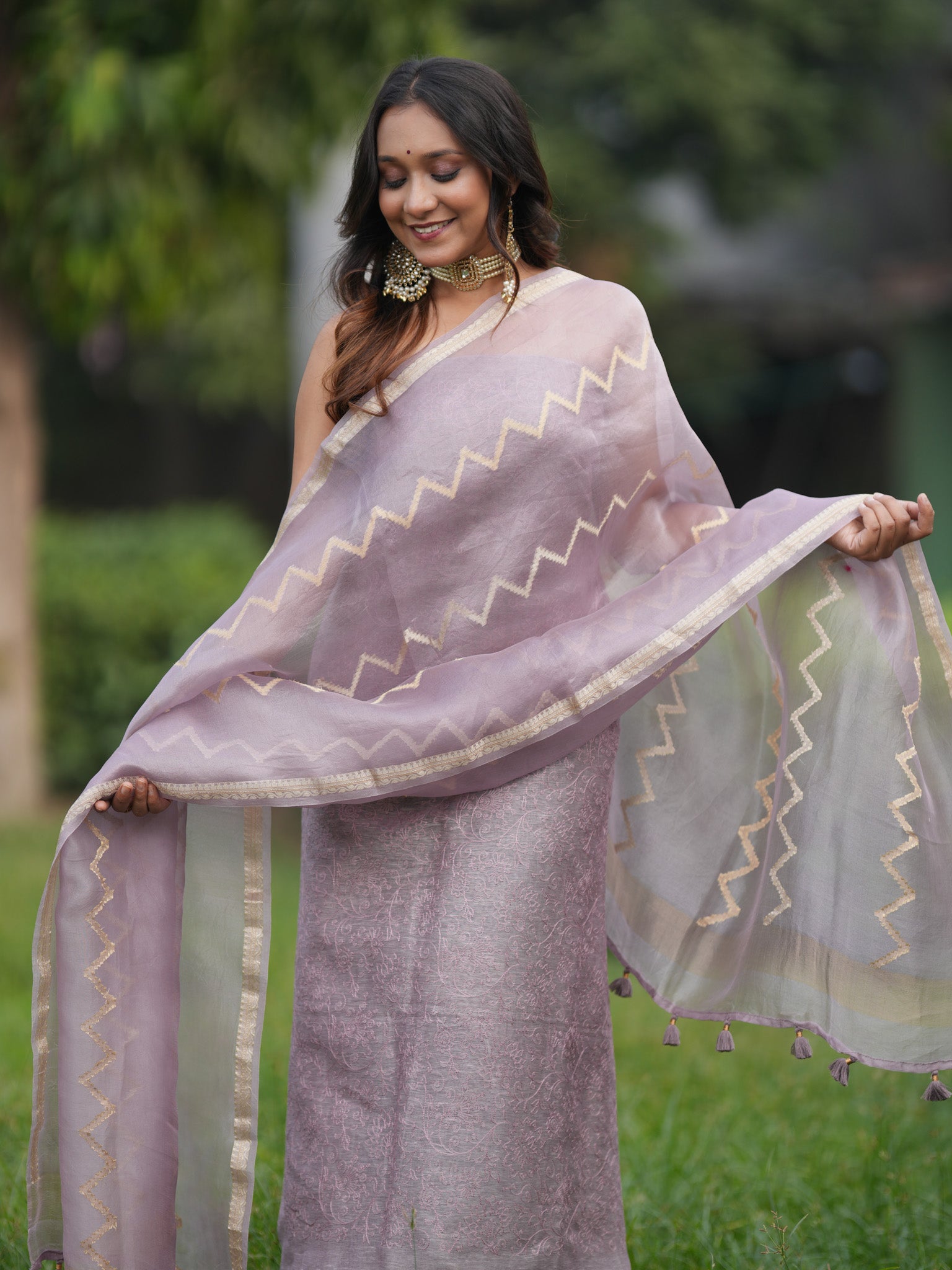 Banarasi Soft Embroidered Cotton Salwar Kameez Fabric With Organza Dupatta- Light Mauve