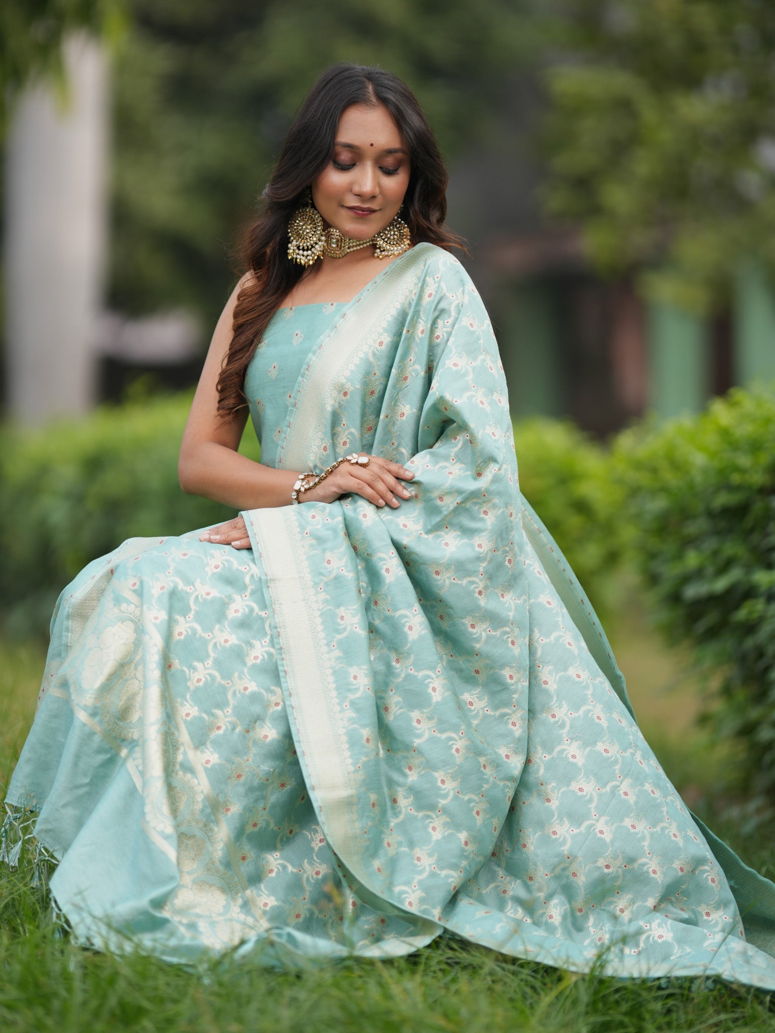 Banarasi Soft Cotton Salwar Kameez Fabric With Zari Dupatta- Green