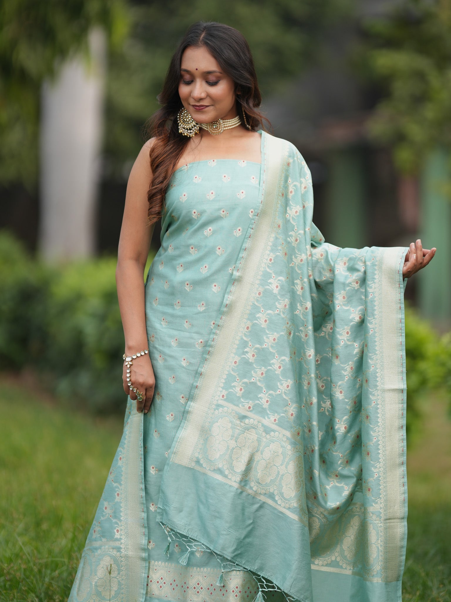 Banarasi Soft Cotton Salwar Kameez Fabric With Zari Dupatta- Green