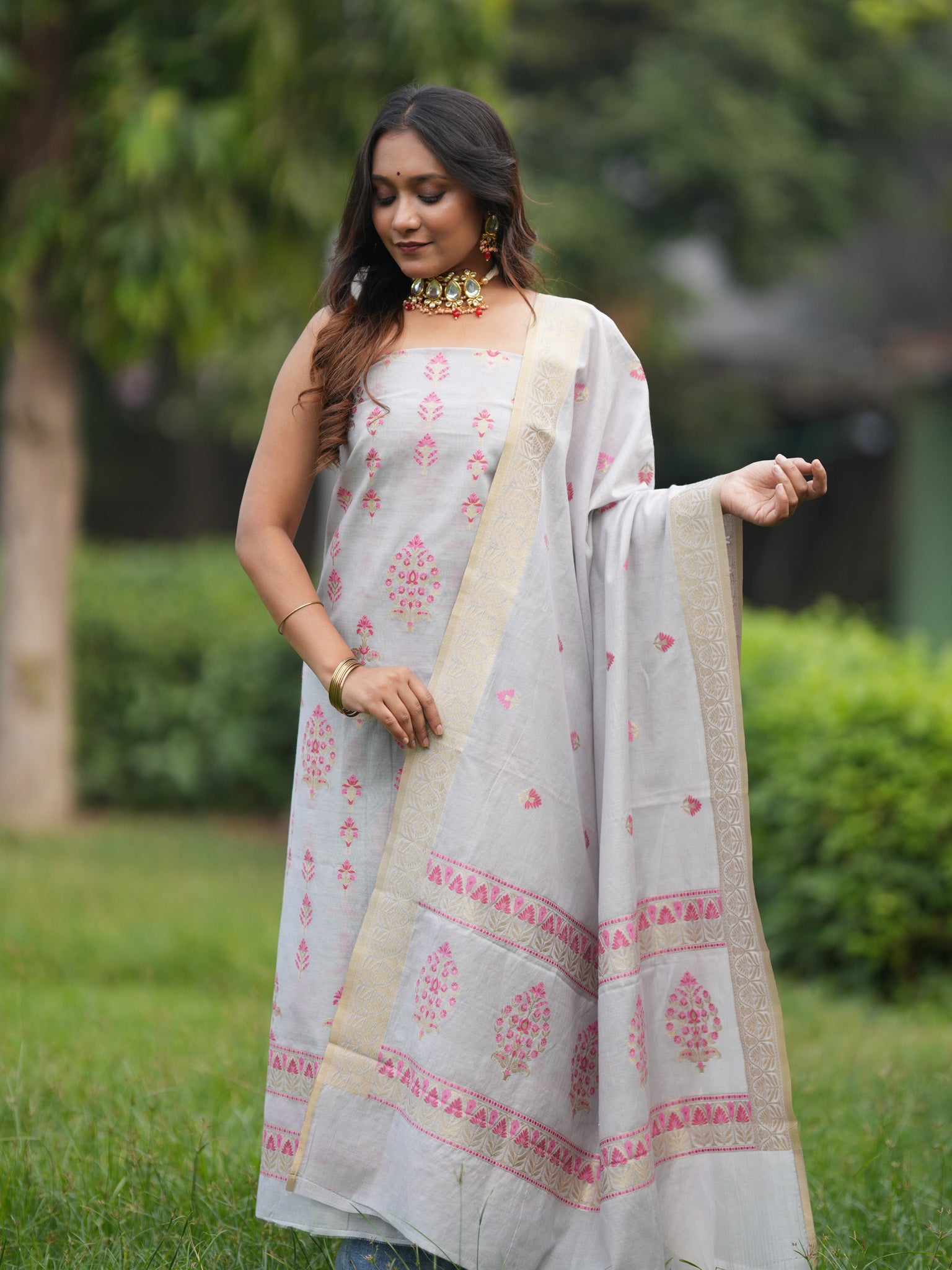 Banarasi Soft Cotton Salwar Kameez Fabric With Zari Dupatta- Grey & Pink