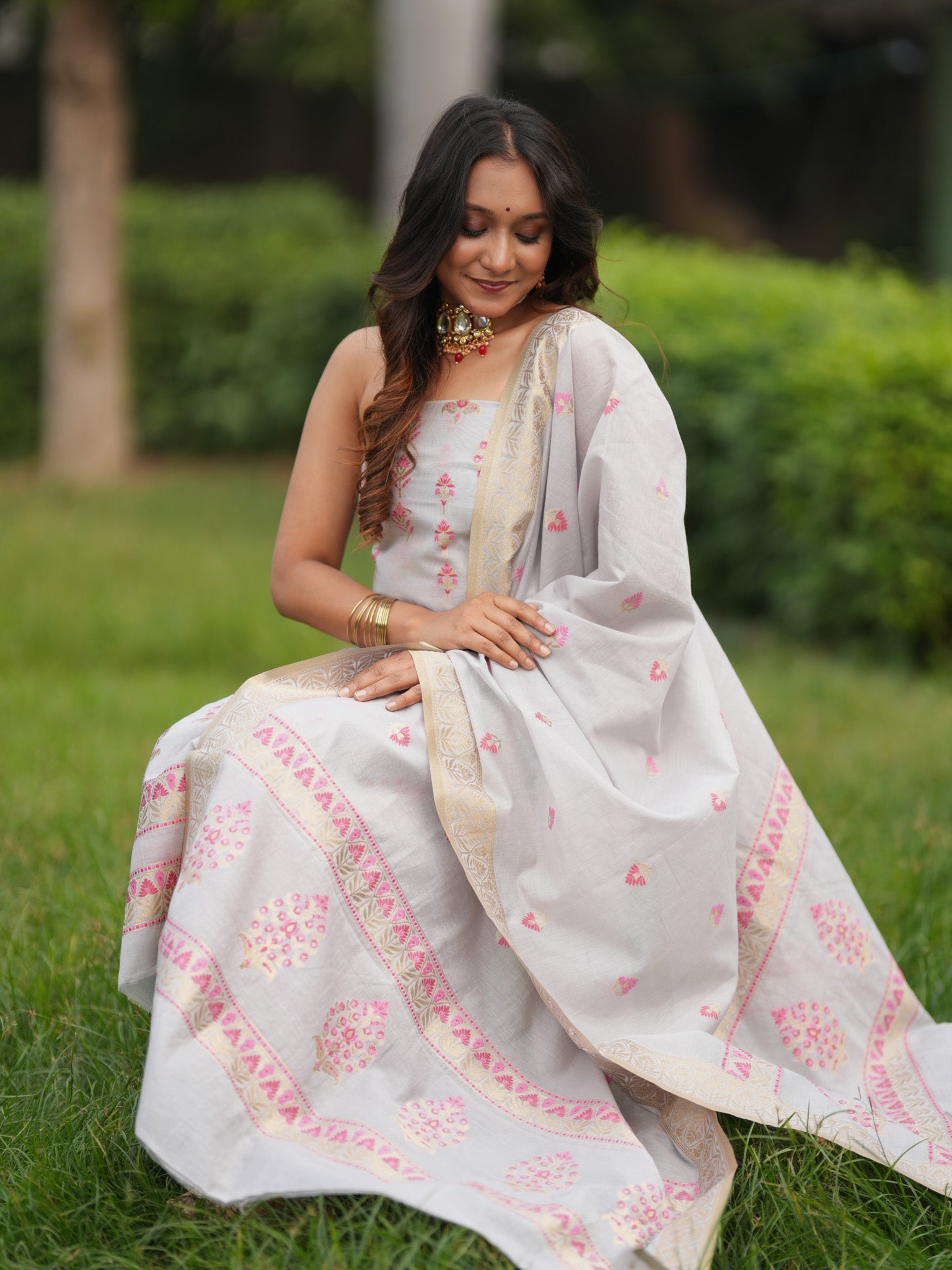 Banarasi Soft Cotton Salwar Kameez Fabric With Zari Dupatta- Grey & Pink