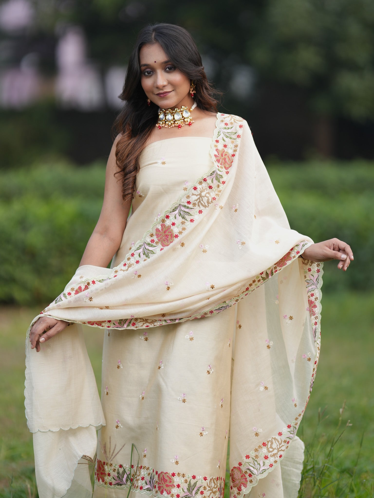 Banarasi Soft Cotton Embroidered Salwar Kameez Fabric With Dupatta- Beige