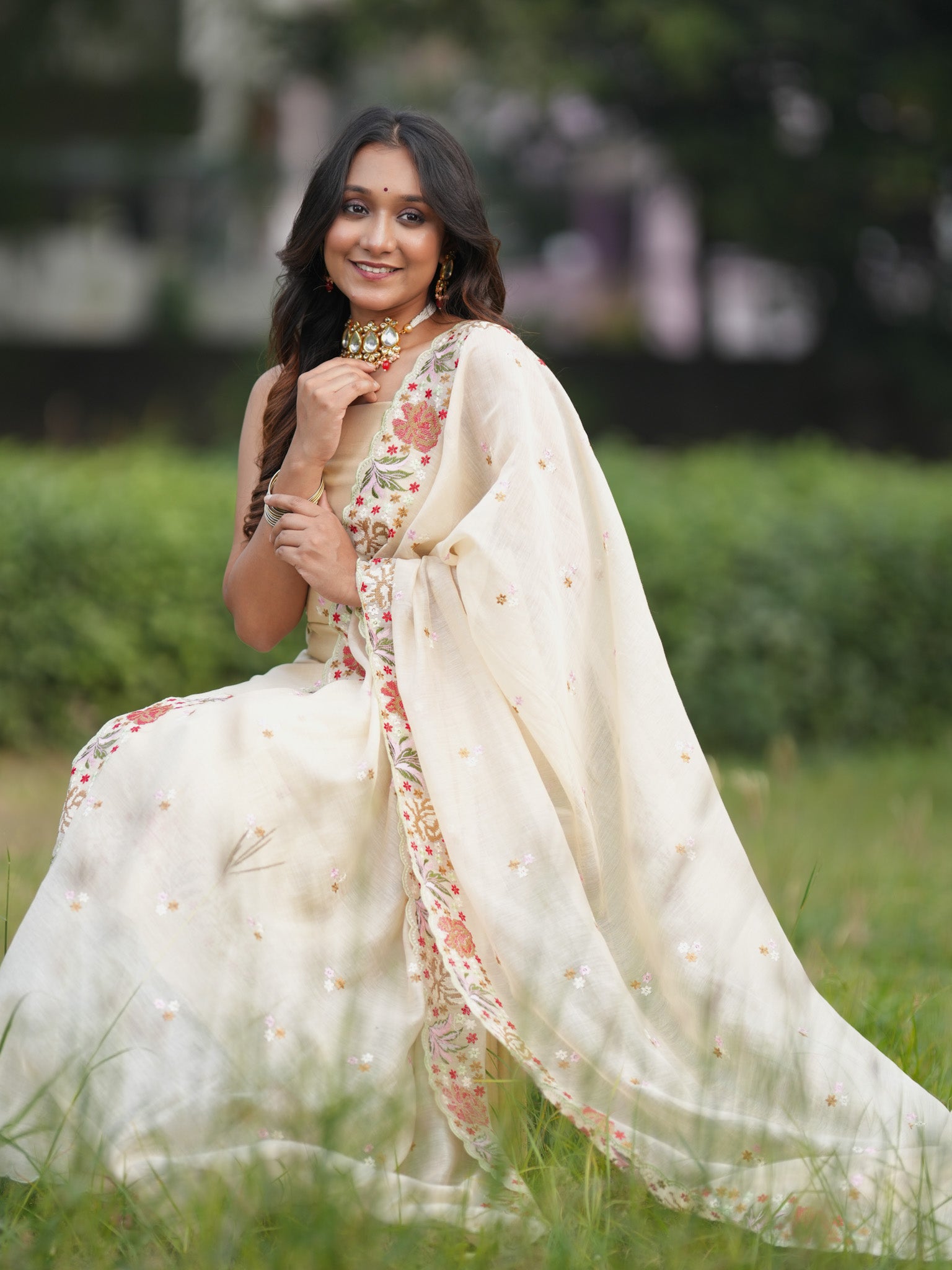 Banarasi Soft Cotton Embroidered Salwar Kameez Fabric With Dupatta- Beige