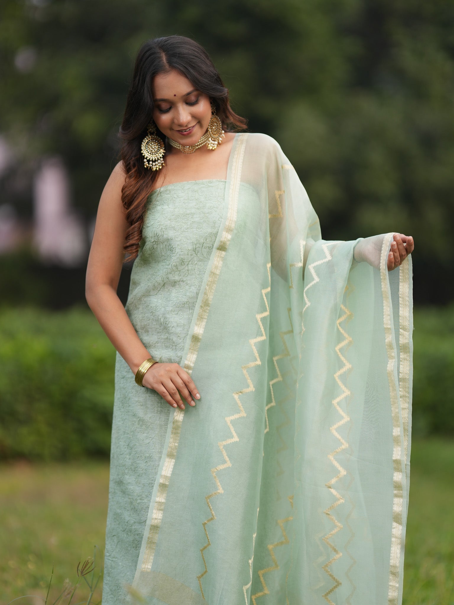 Banarasi Soft Embroidered Cotton Salwar Kameez Fabric With Organza Dupatta- Green