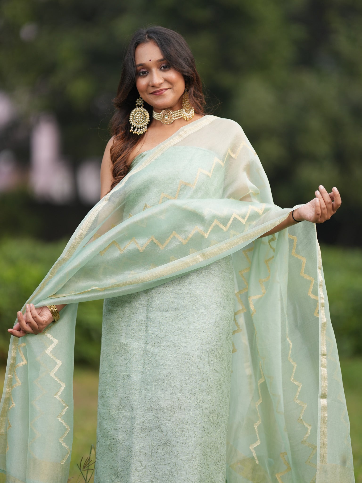 Banarasi Soft Embroidered Cotton Salwar Kameez Fabric With Organza Dupatta- Green