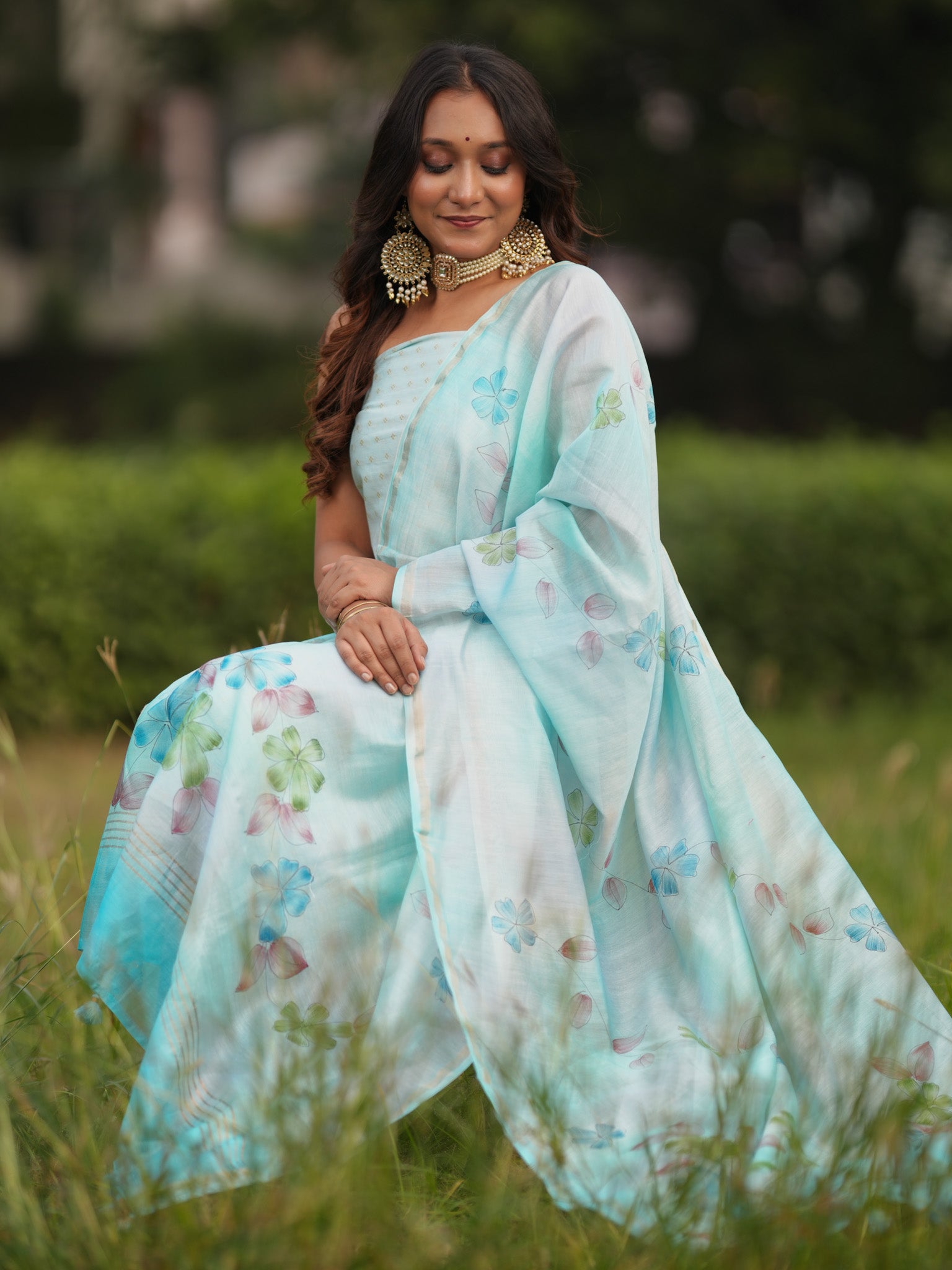 Banarasi Soft Cotton Salwar Kameez Fabric With Hand Painted Dupatta- Blue