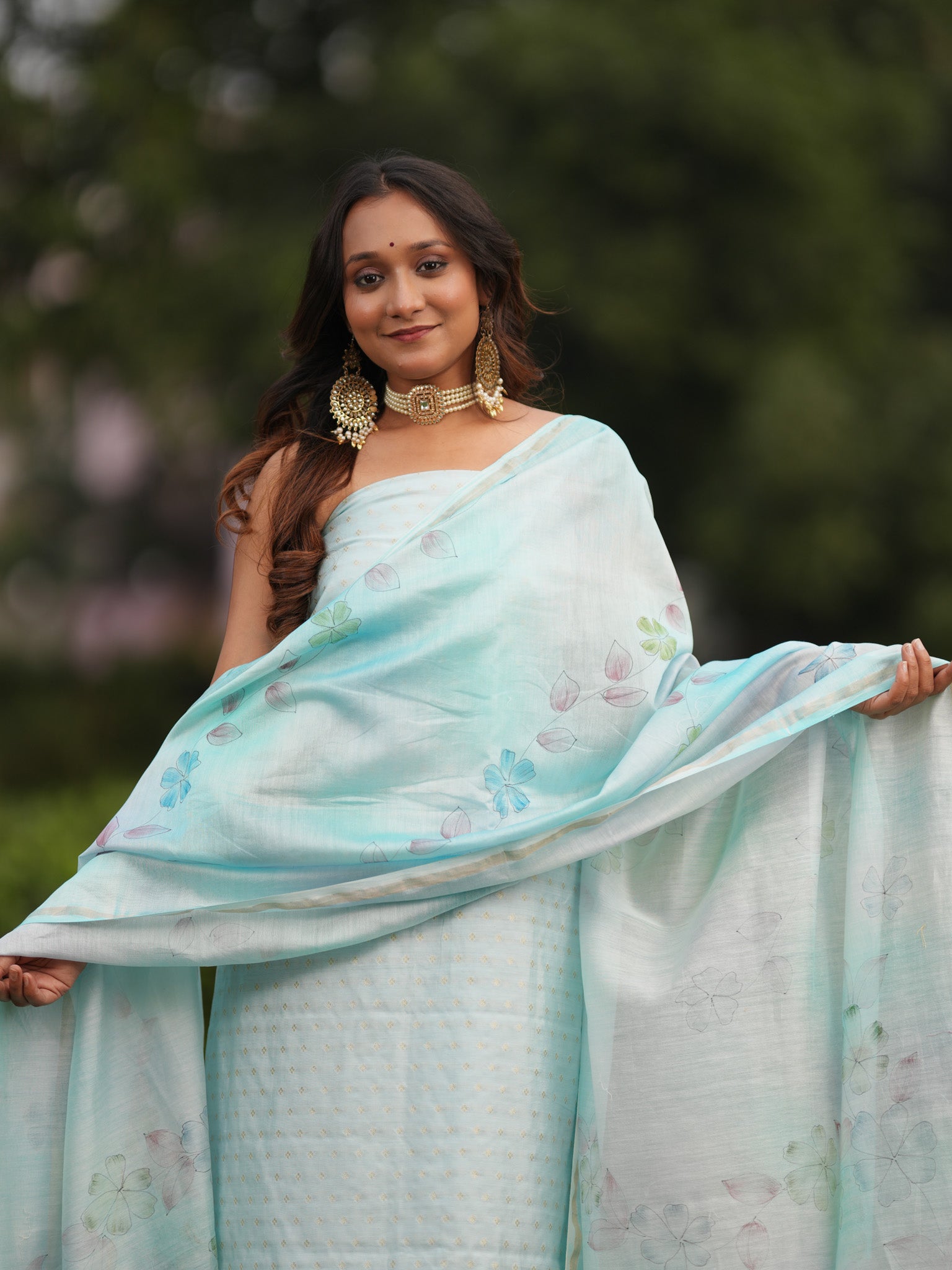 Banarasi Soft Cotton Salwar Kameez Fabric With Hand Painted Dupatta- Blue