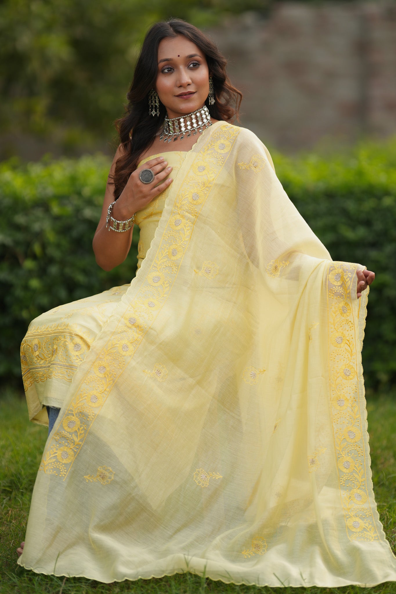 Banarasi Soft Cotton Embroidered Salwar Kameez Fabric With Dupatta- Yellow