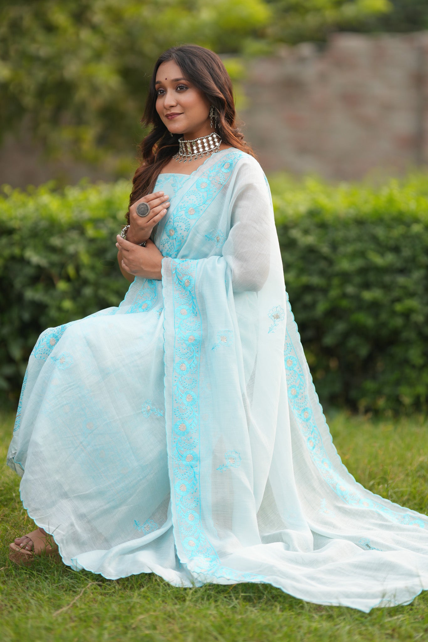 Banarasi Soft Cotton Embroidered Salwar Kameez Fabric With Dupatta- Blue