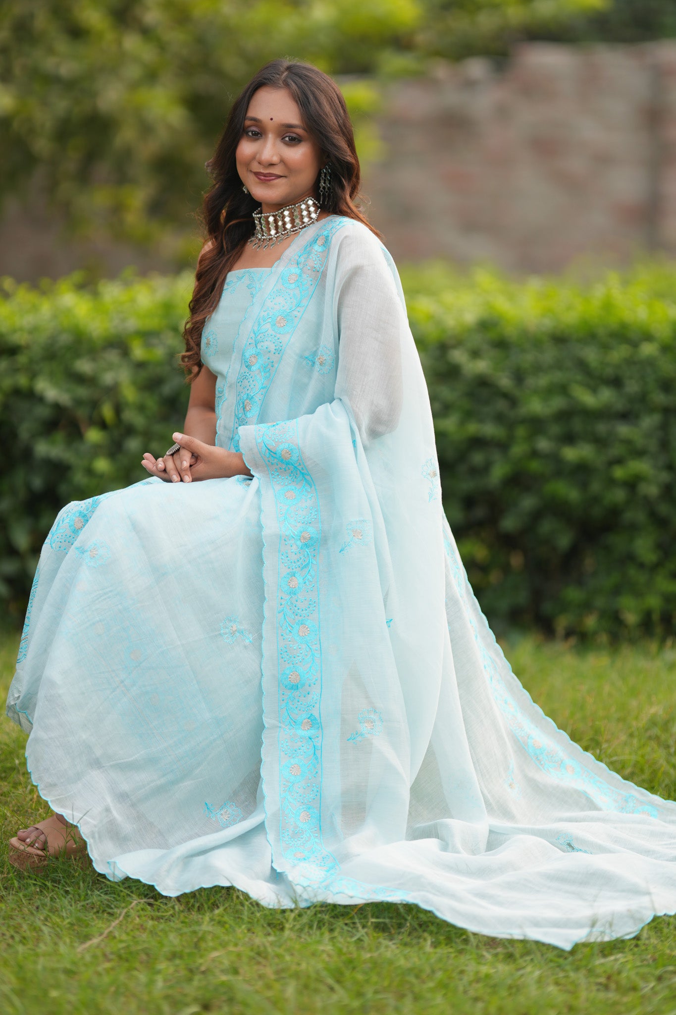 Banarasi Soft Cotton Embroidered Salwar Kameez Fabric With Dupatta- Blue