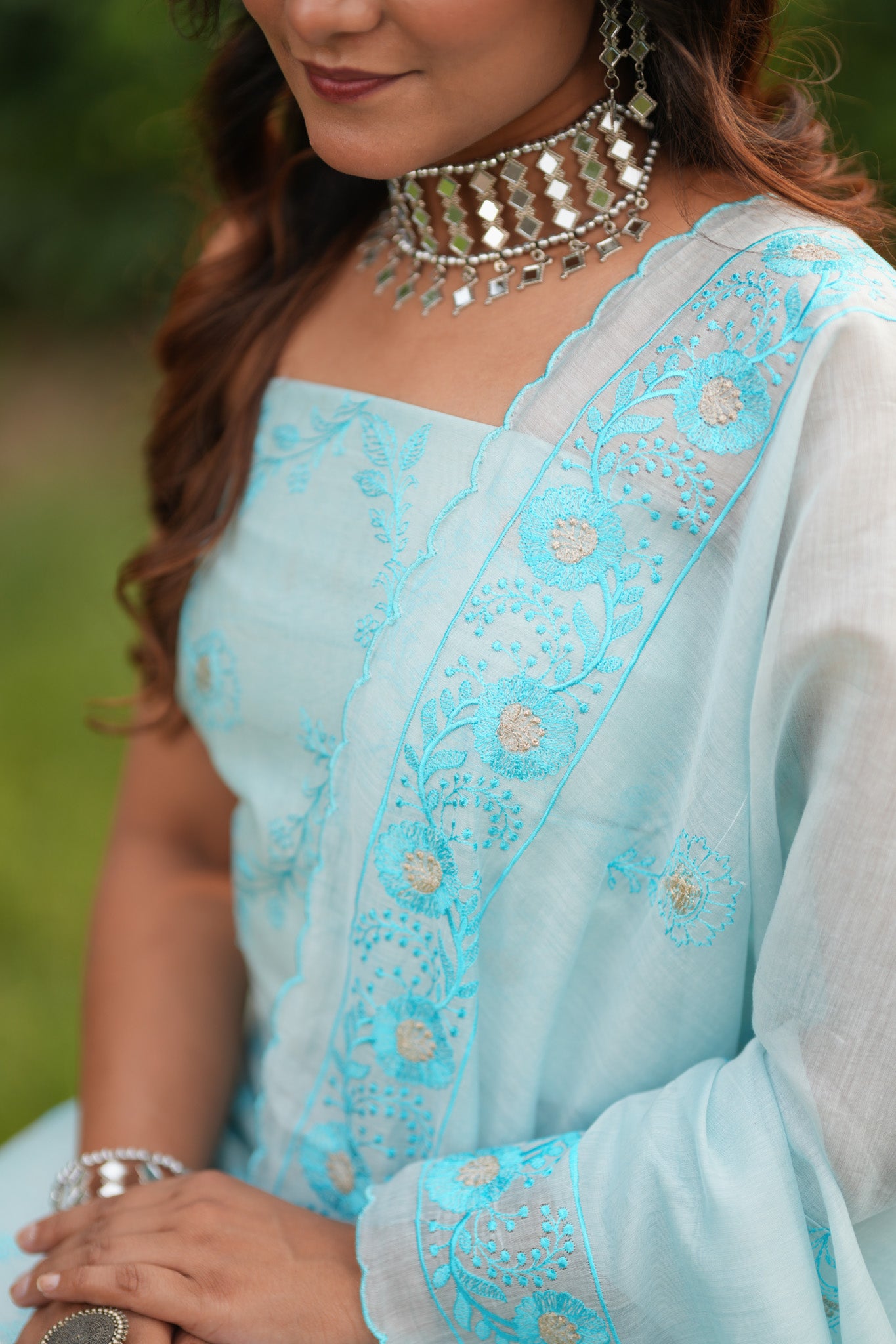 Banarasi Soft Cotton Embroidered Salwar Kameez Fabric With Dupatta- Blue