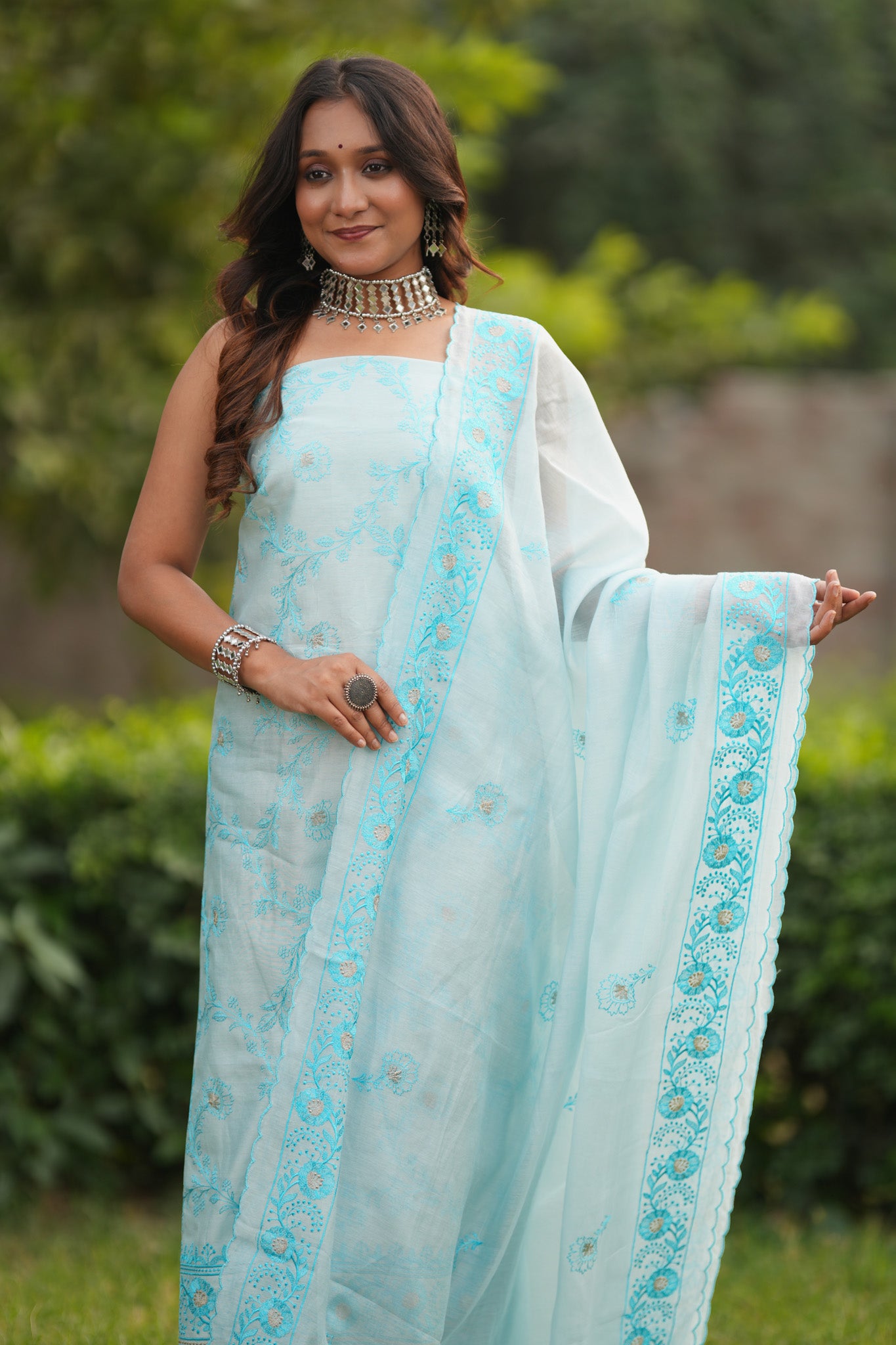 Banarasi Soft Cotton Embroidered Salwar Kameez Fabric With Dupatta- Blue