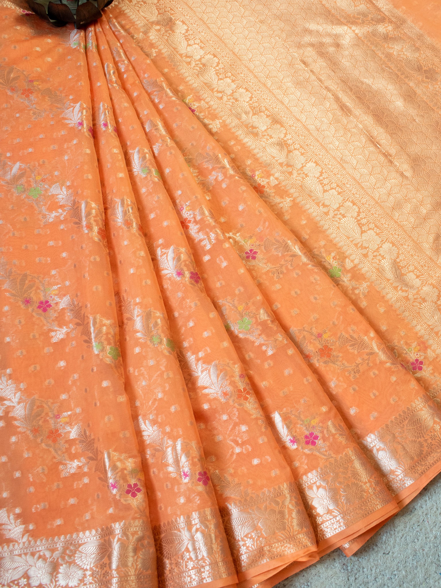 Banarasi Cotton Silk Saree Silver Zari Weaving With Border-Peach