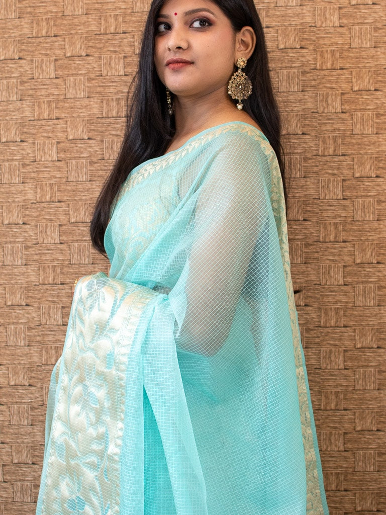 Banarasi Soft Net Saree With Antique Weaving Design-Light Blue