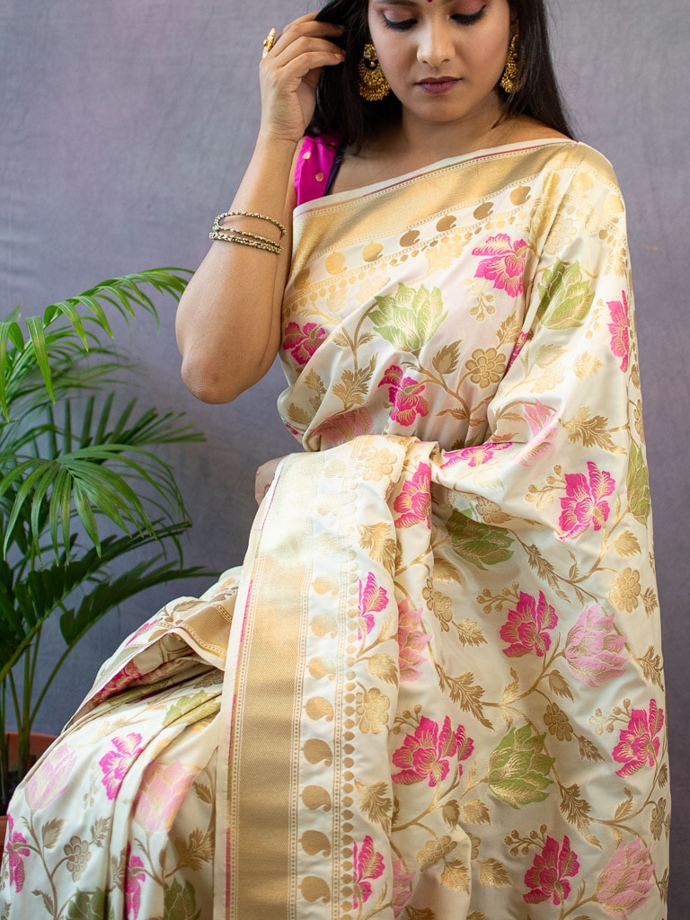 Banarasi Handloom Art Katan Silk Saree With Meena Floral Jaal Weaving-Ivory White