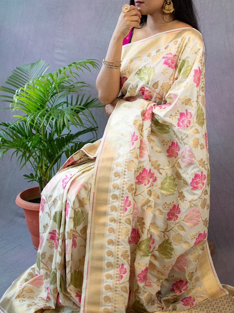 Banarasi Handloom Art Katan Silk Saree With Meena Floral Jaal Weaving-Ivory White