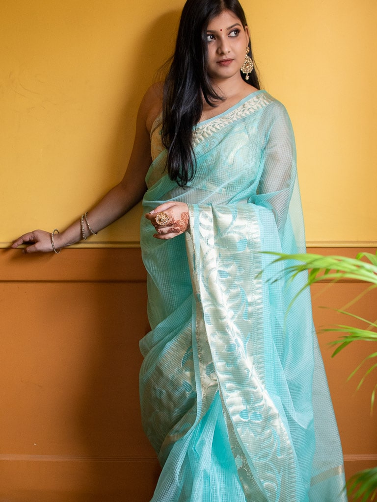 Banarasi Soft Net Saree With Antique Weaving Design-Light Blue