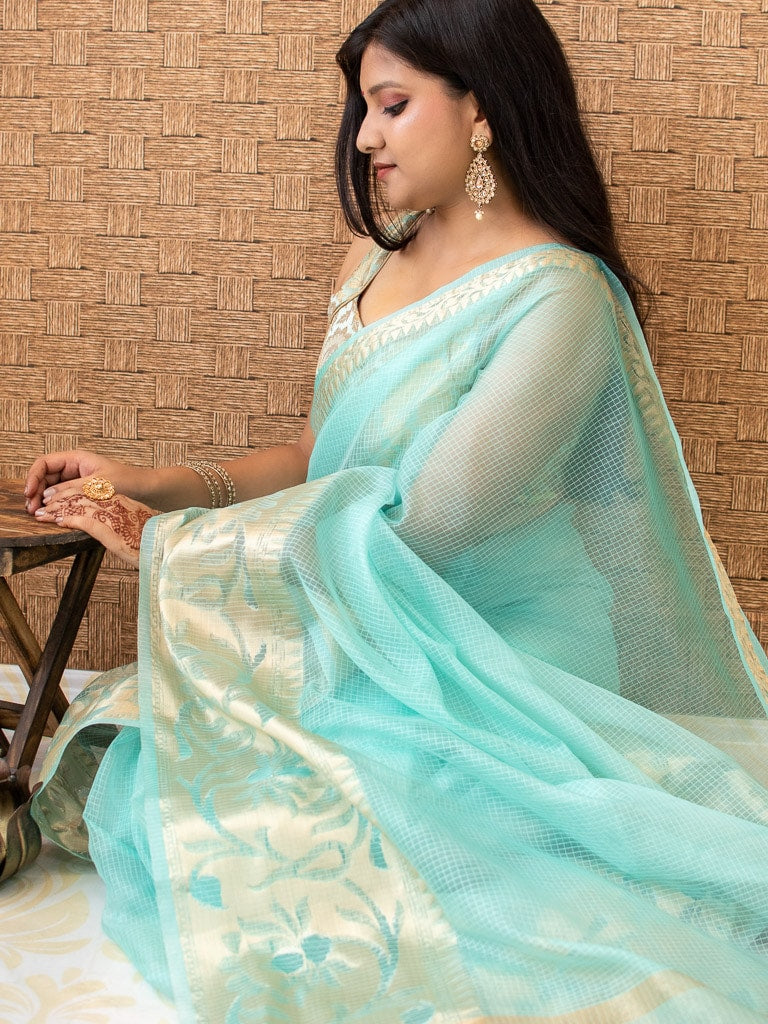 Banarasi Soft Net Saree With Antique Weaving Design-Light Blue