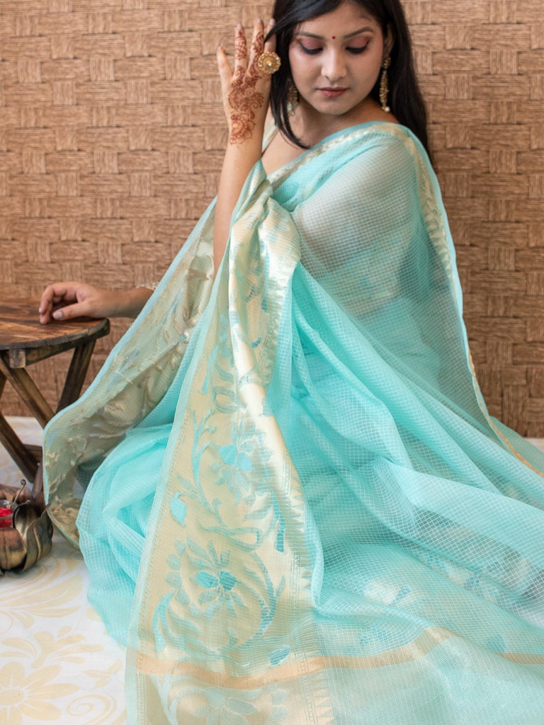 Banarasi Soft Net Saree With Antique Weaving Design-Light Blue