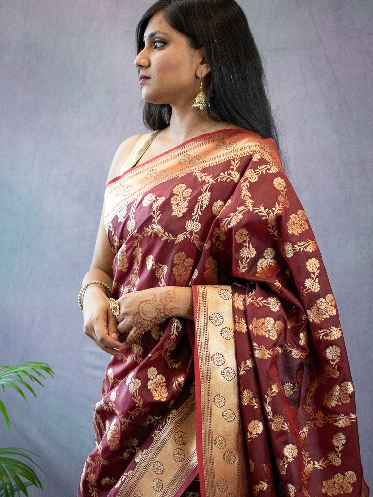 Banarasi Art Katan Silk Saree With Meena Floral Jaal Weaving-Brown