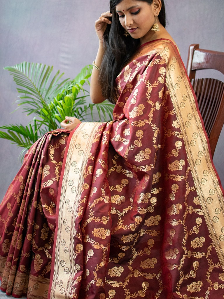 Banarasi Art Katan Silk Saree With Meena Floral Jaal Weaving-Brown