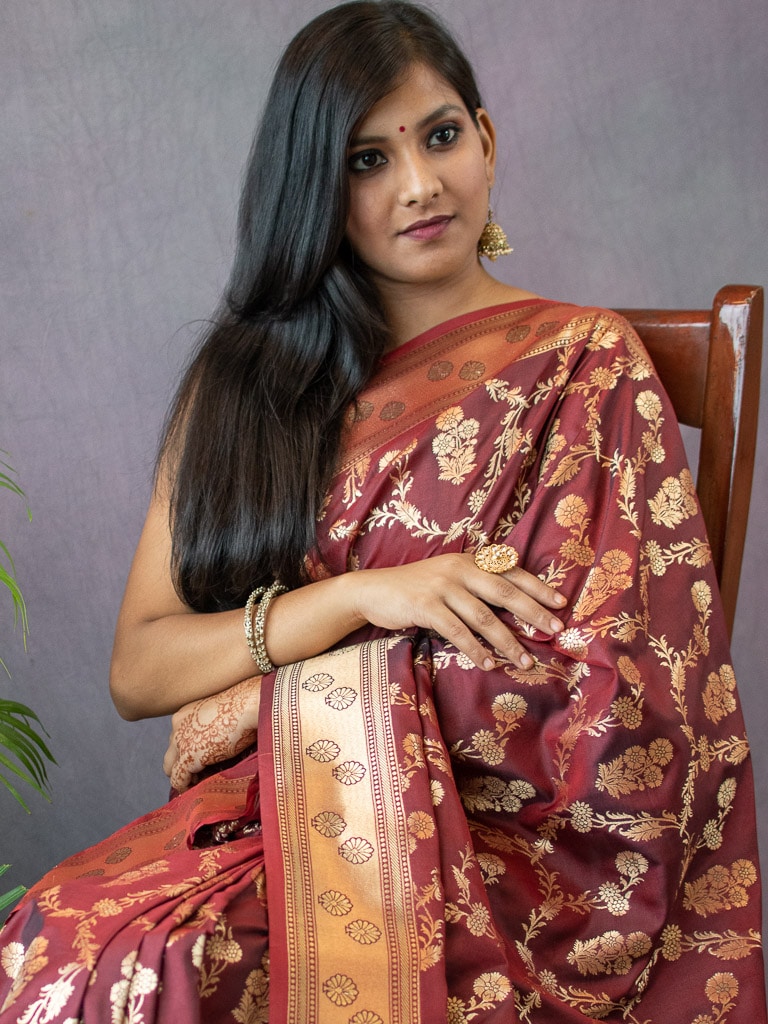 Banarasi Art Katan Silk Saree With Meena Floral Jaal Weaving-Brown