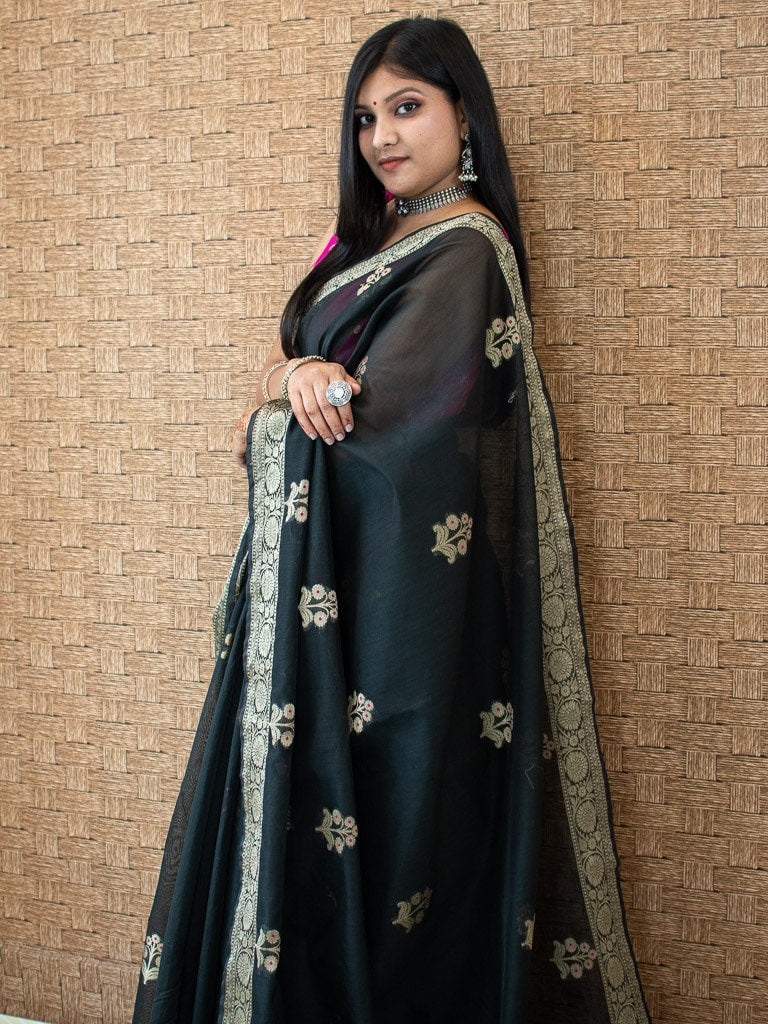 Banarasi Cotton Silk Saree With Zari & Meena Weaving Border-Black