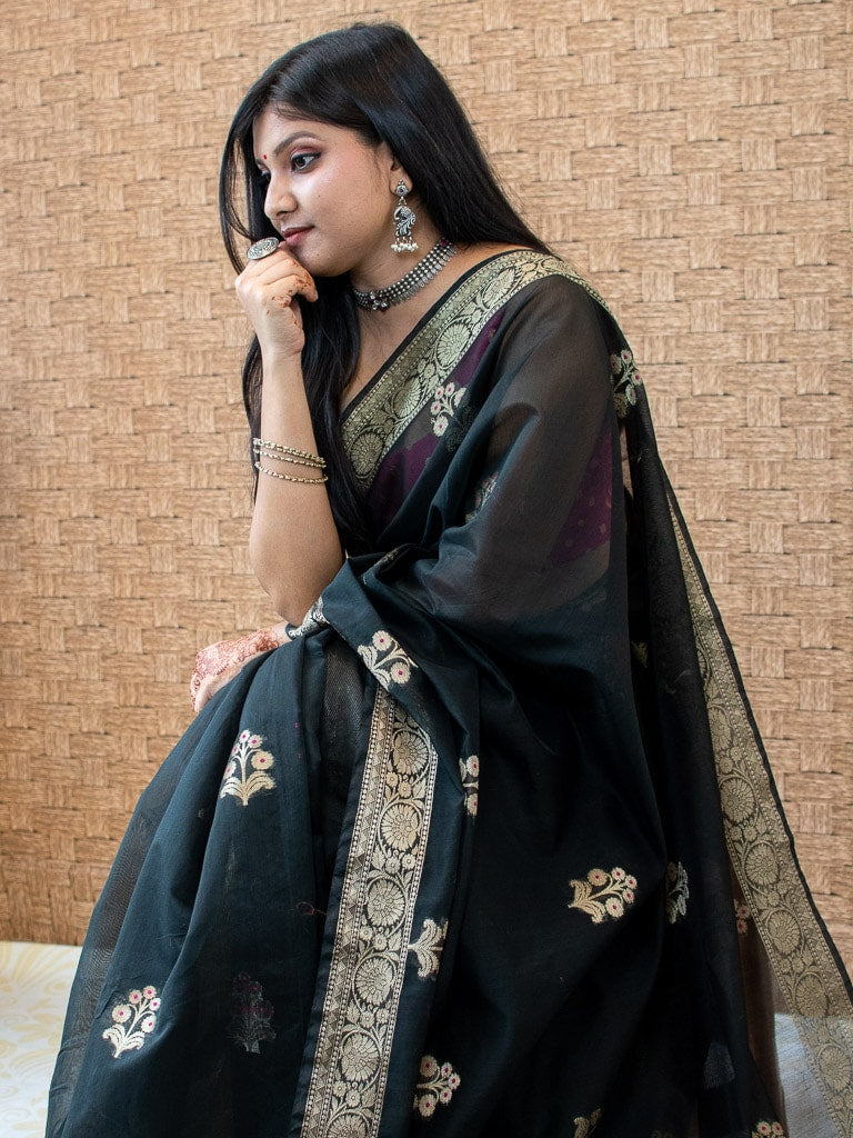Banarasi Cotton Silk Saree With Zari & Meena Weaving Border-Black