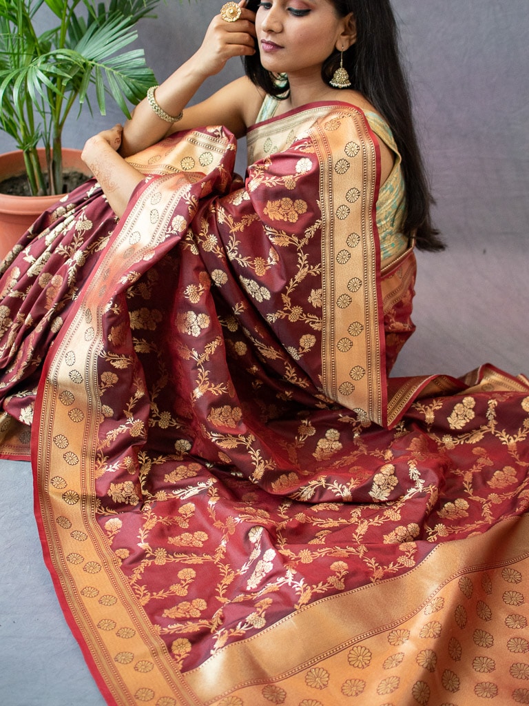 Banarasi Art Katan Silk Saree With Meena Floral Jaal Weaving-Brown
