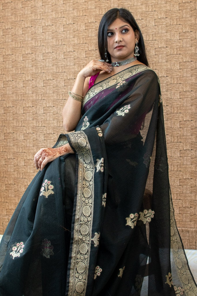 Banarasi Cotton Silk Saree With Zari & Meena Weaving Border-Black