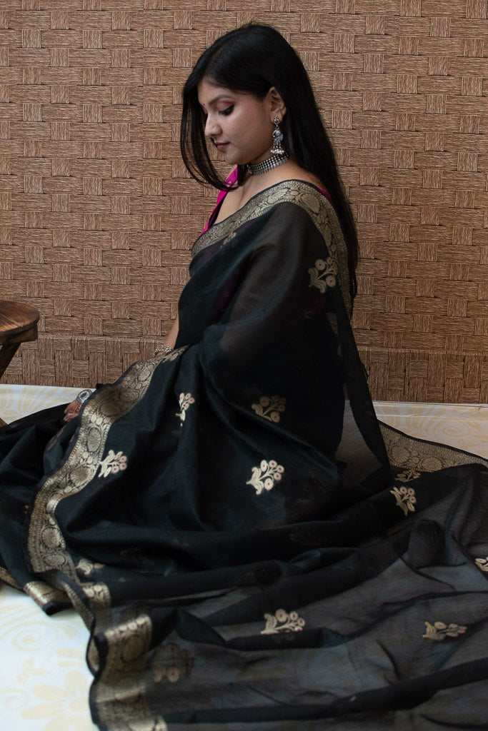 Banarasi Cotton Silk Saree With Zari & Meena Weaving Border-Black