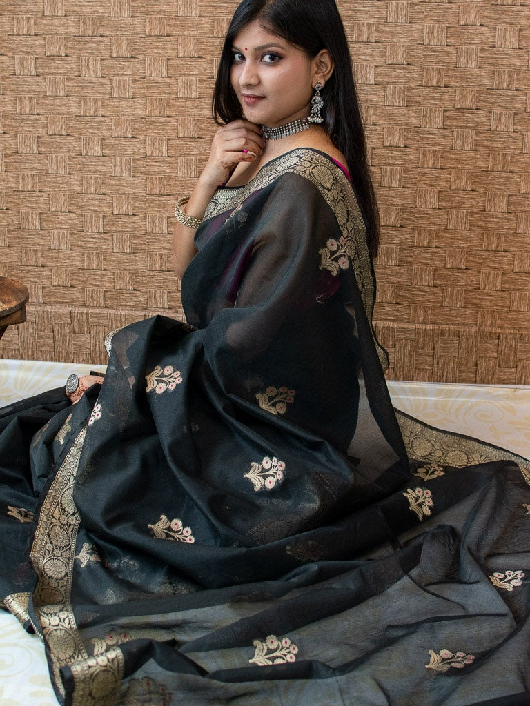Banarasi Cotton Silk Saree With Zari & Meena Weaving Border-Black