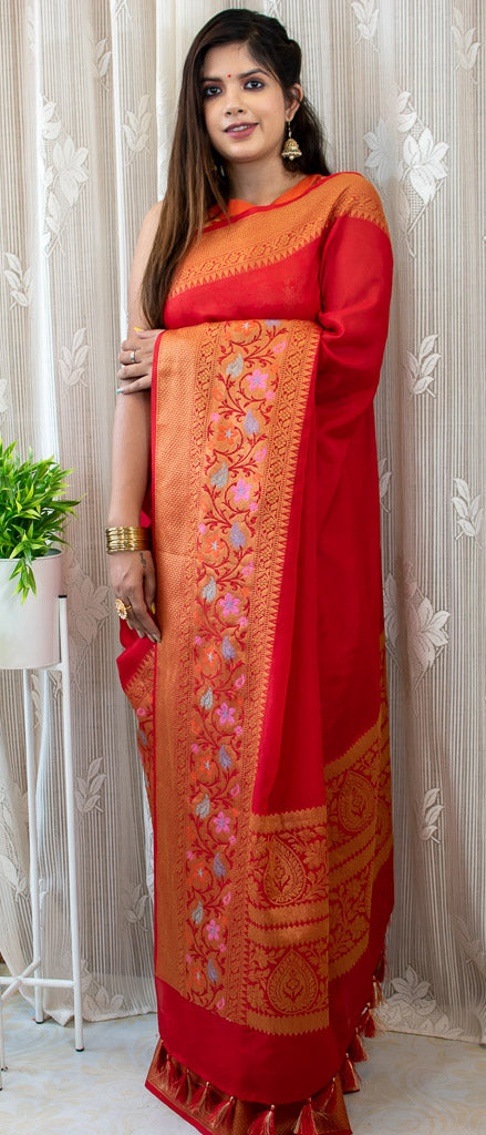 Banarasi Plain Semi Silk Saree With Floral Meenakari Weaving Border-Red