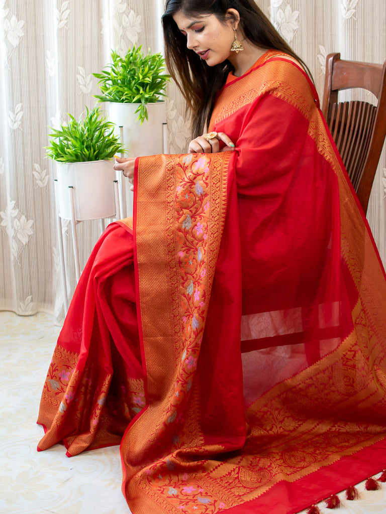 Banarasi Plain Semi Silk Saree With Floral Meenakari Weaving Border-Red