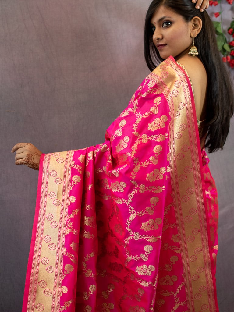 Banarasi Art Katan Silk Saree With Meena Floral Jaal Weaving-Hot Pink